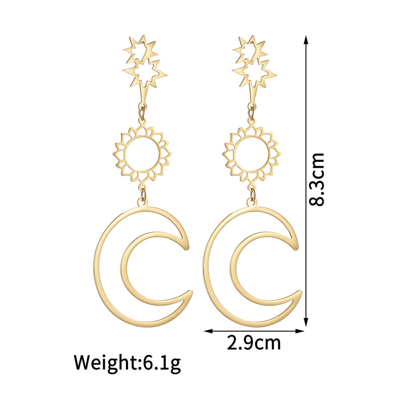 Aretes largos sol y luna chapa de Oro18K