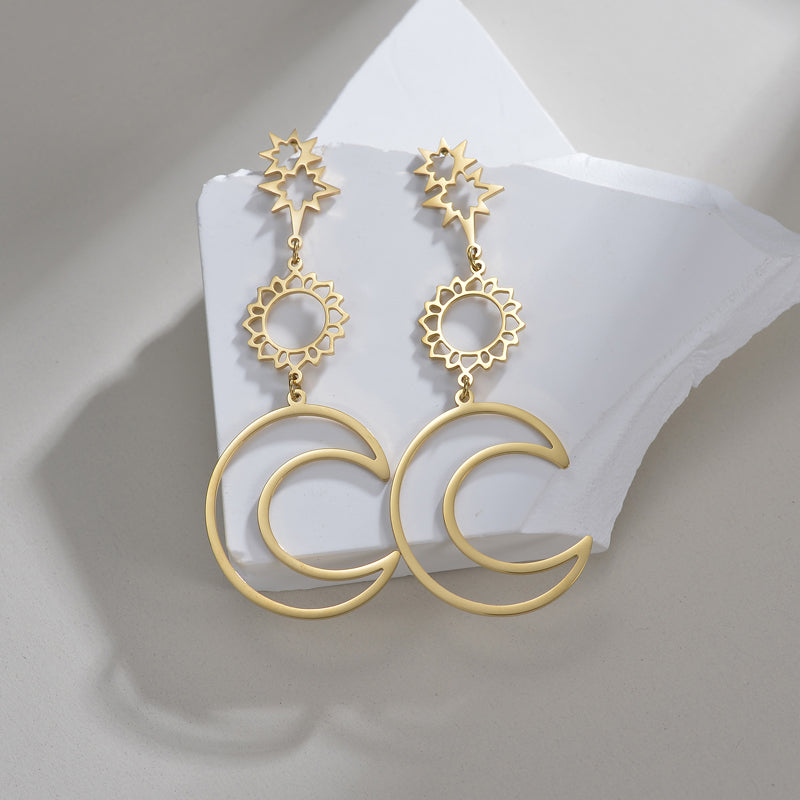 Aretes largos sol y luna chapa de Oro18K