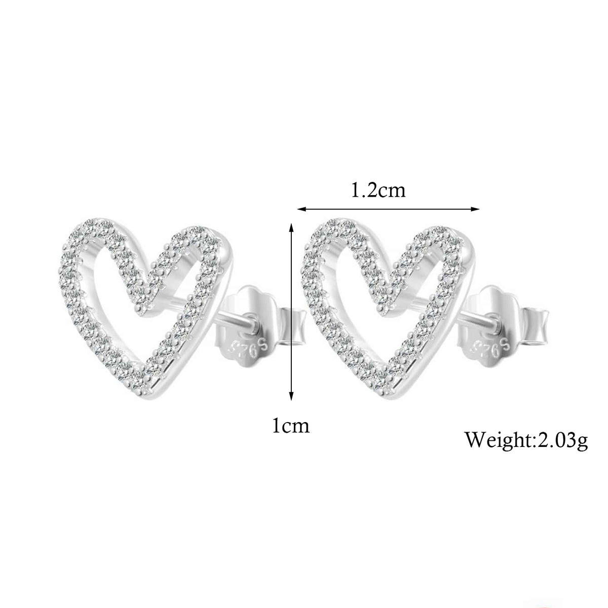 Aretes corazón Plata Ley 925 y micro zirconias