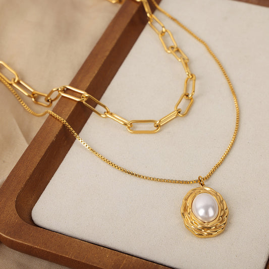 Collar doble con dije de perla chapa de Oro18K elegante