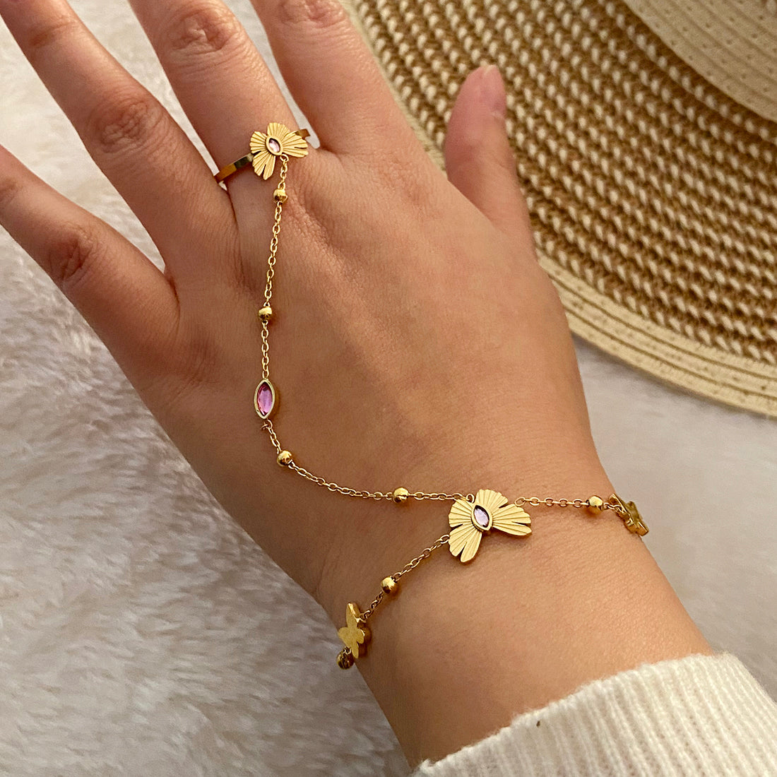 Pulseras de mariposa con anillo chapa de Oro18K y perlas artificiales