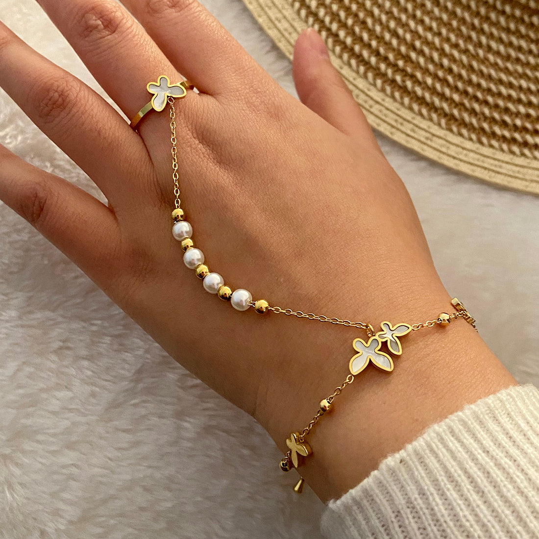 Pulseras de mariposa con anillo chapa de Oro18K y perlas artificiales