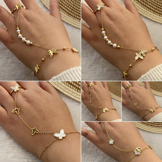Pulseras de mariposa con anillo chapa de Oro18K y perlas artificiales