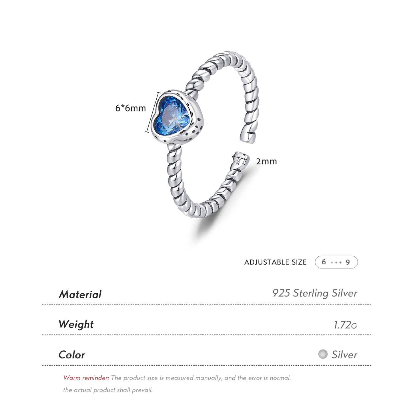 Anillo ajustable corazón azul Plata Ley 925 estilo francés