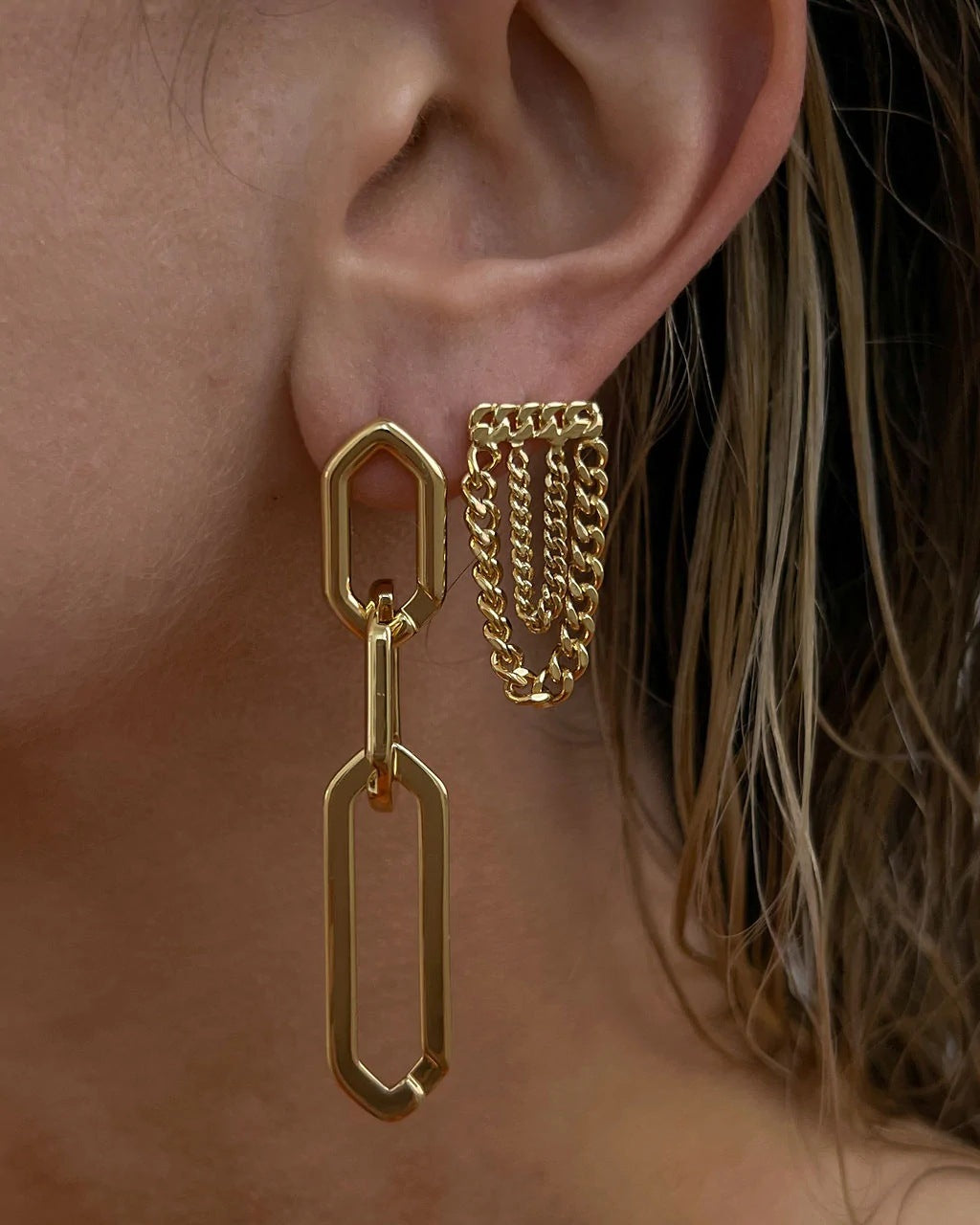 Par de aretes de cadenas de acero inoxidable chapa de Oro18K