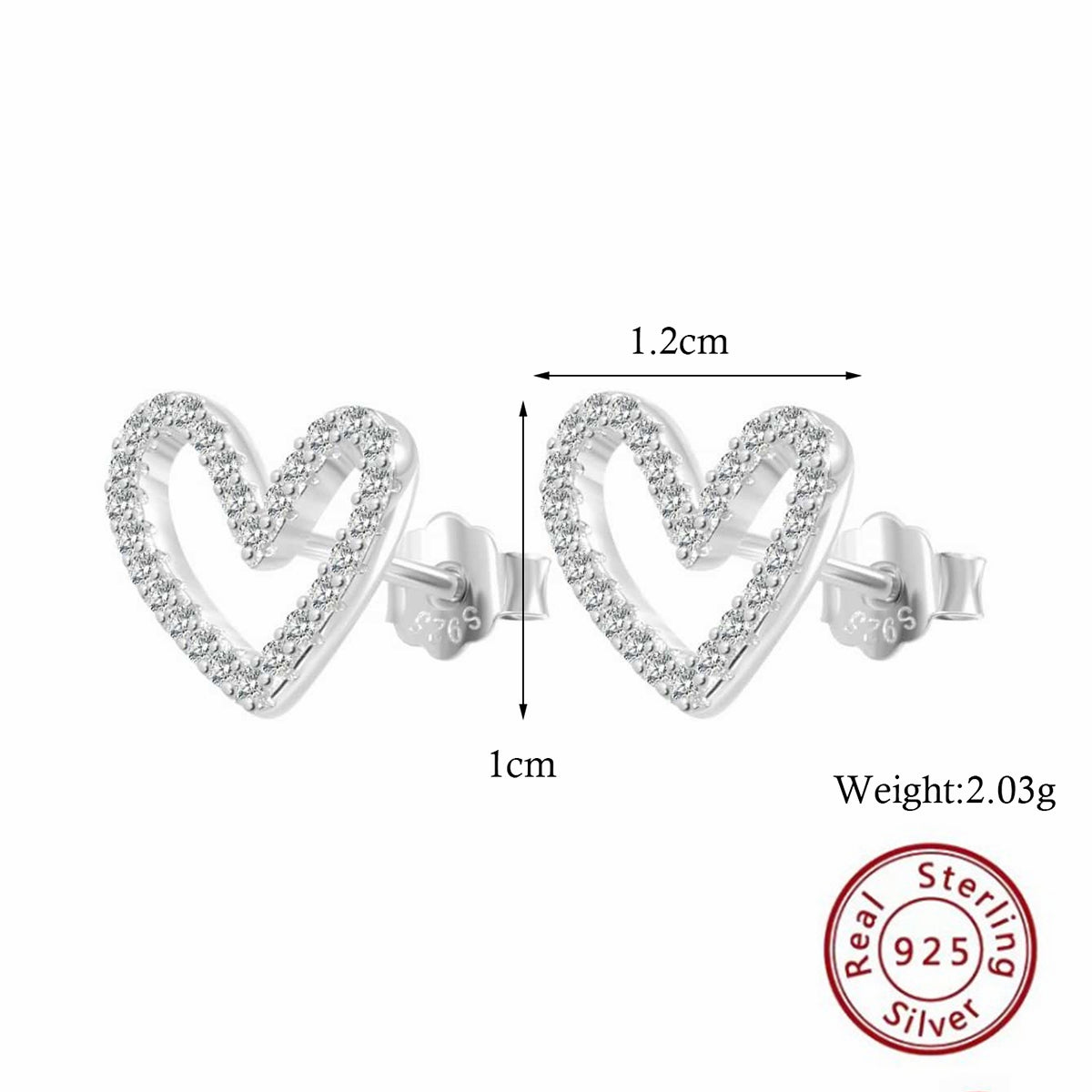 Aretes corazón Plata Ley 925 y micro zirconias