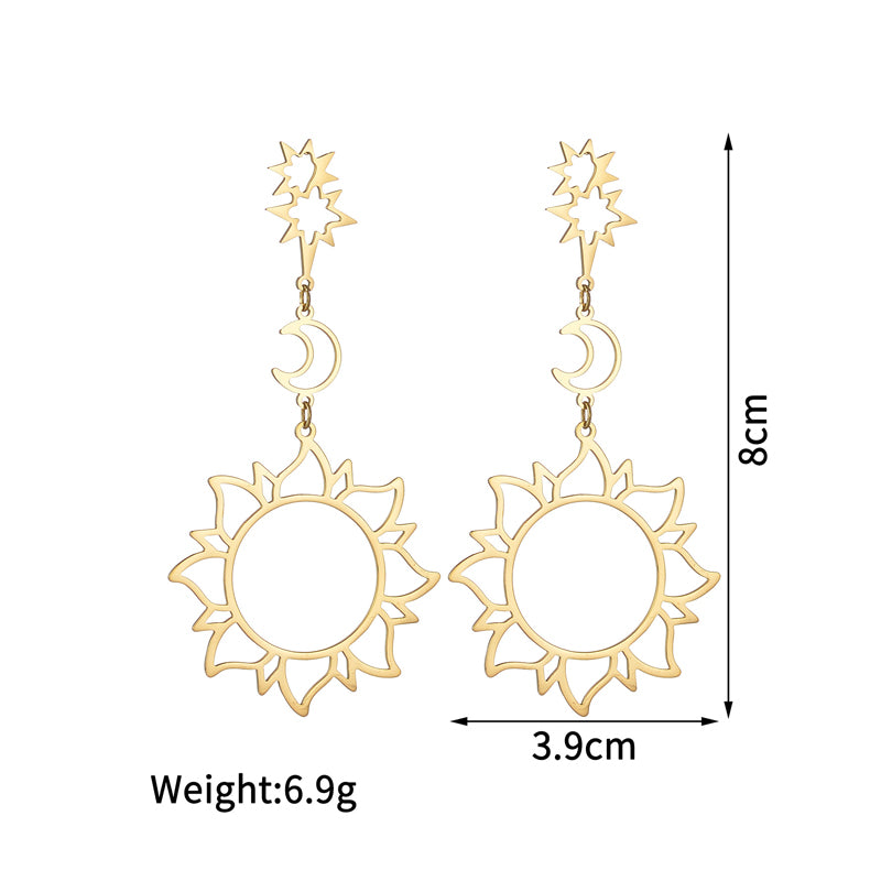 Aretes largos sol y luna chapa de Oro18K