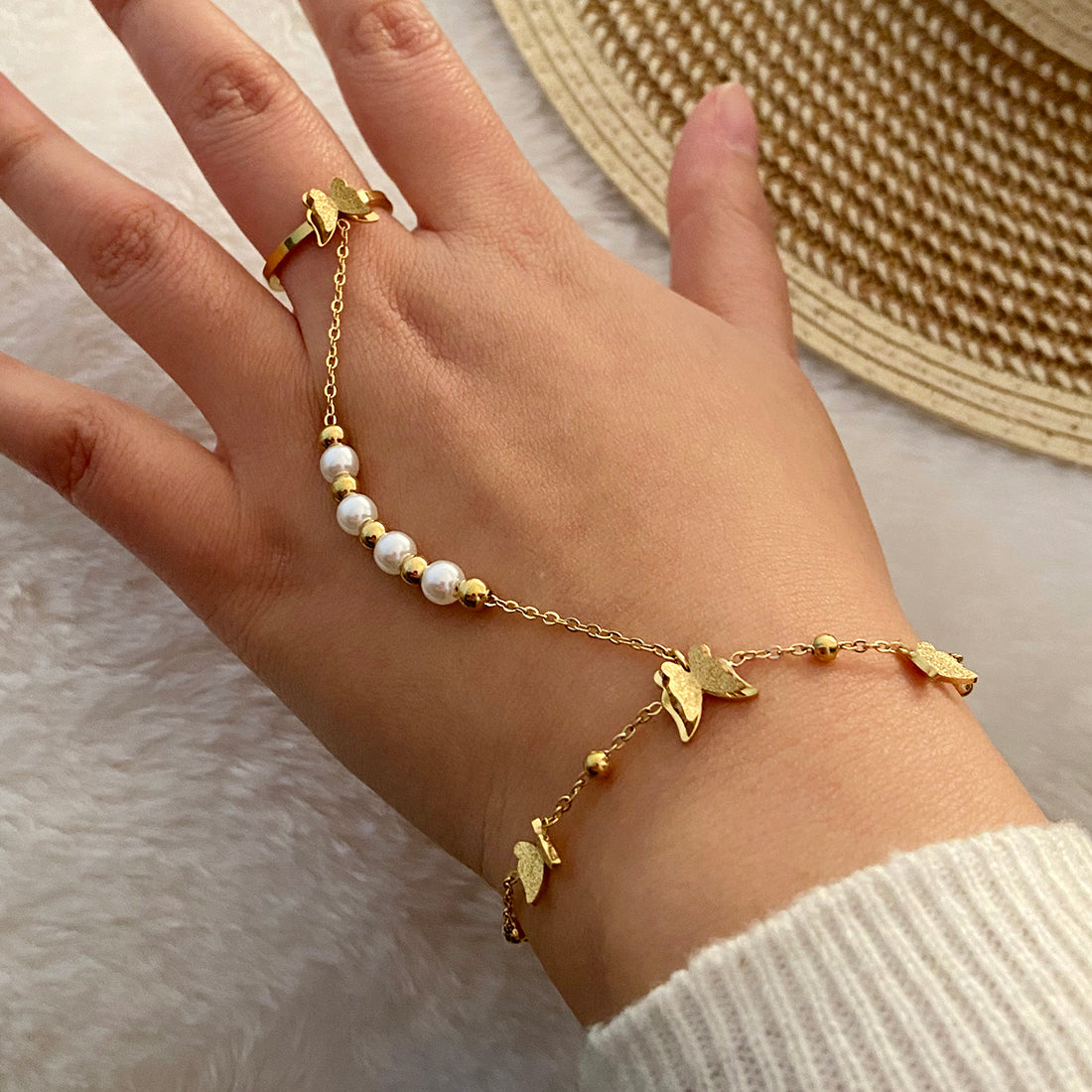 Pulseras de mariposa con anillo chapa de Oro18K y perlas artificiales