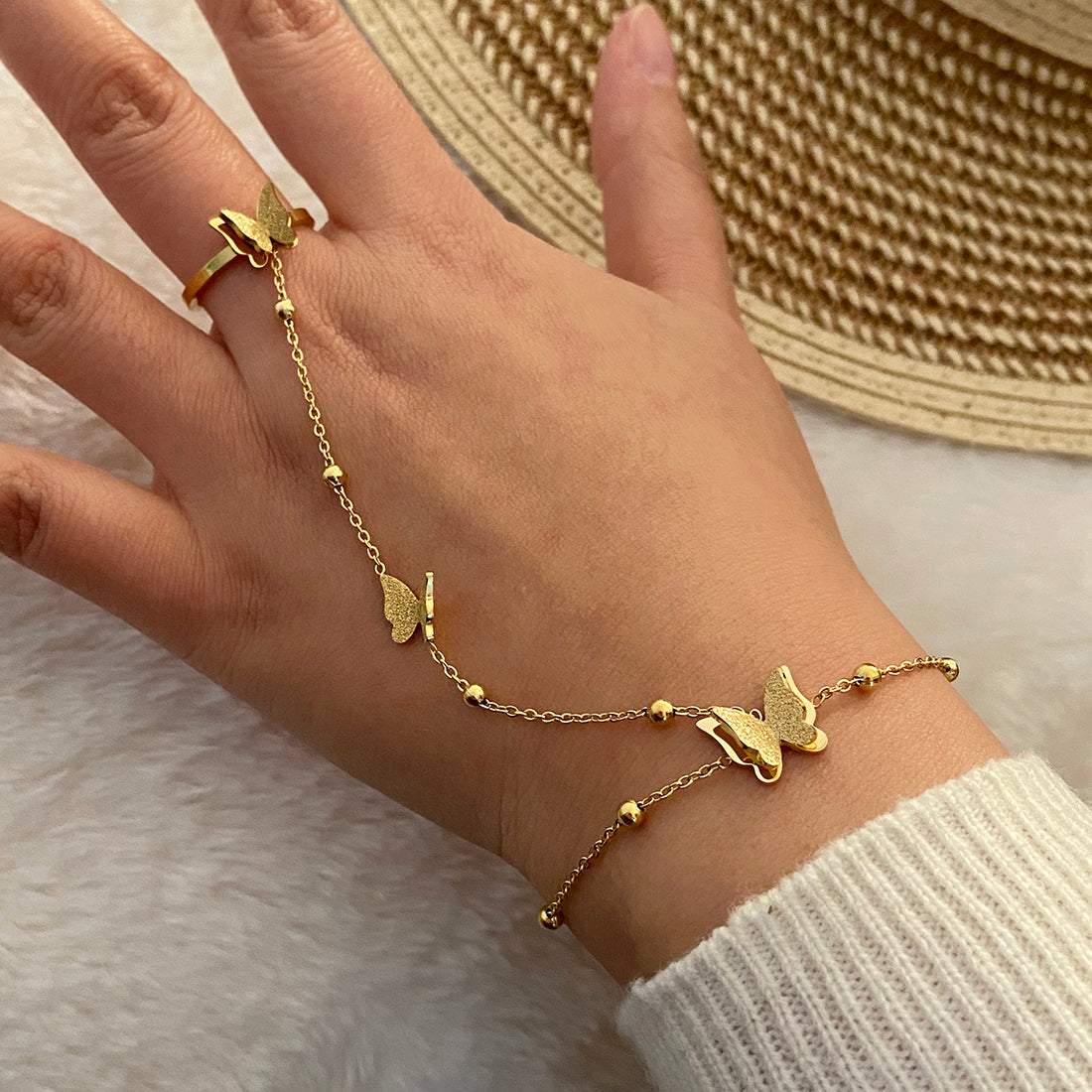 Pulseras de mariposa con anillo chapa de Oro18K y perlas artificiales