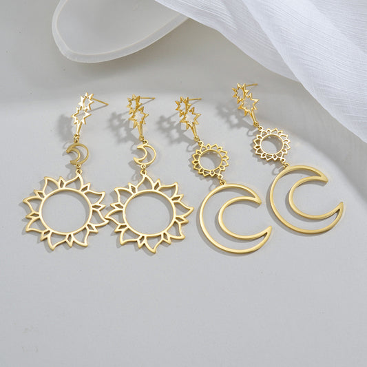 Aretes largos sol y luna chapa de Oro18K