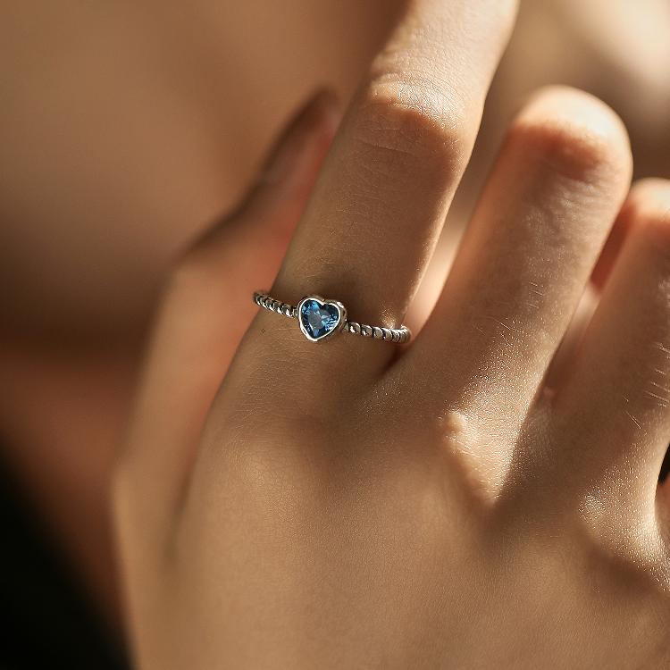 Anillo ajustable corazón azul Plata Ley 925 estilo francés