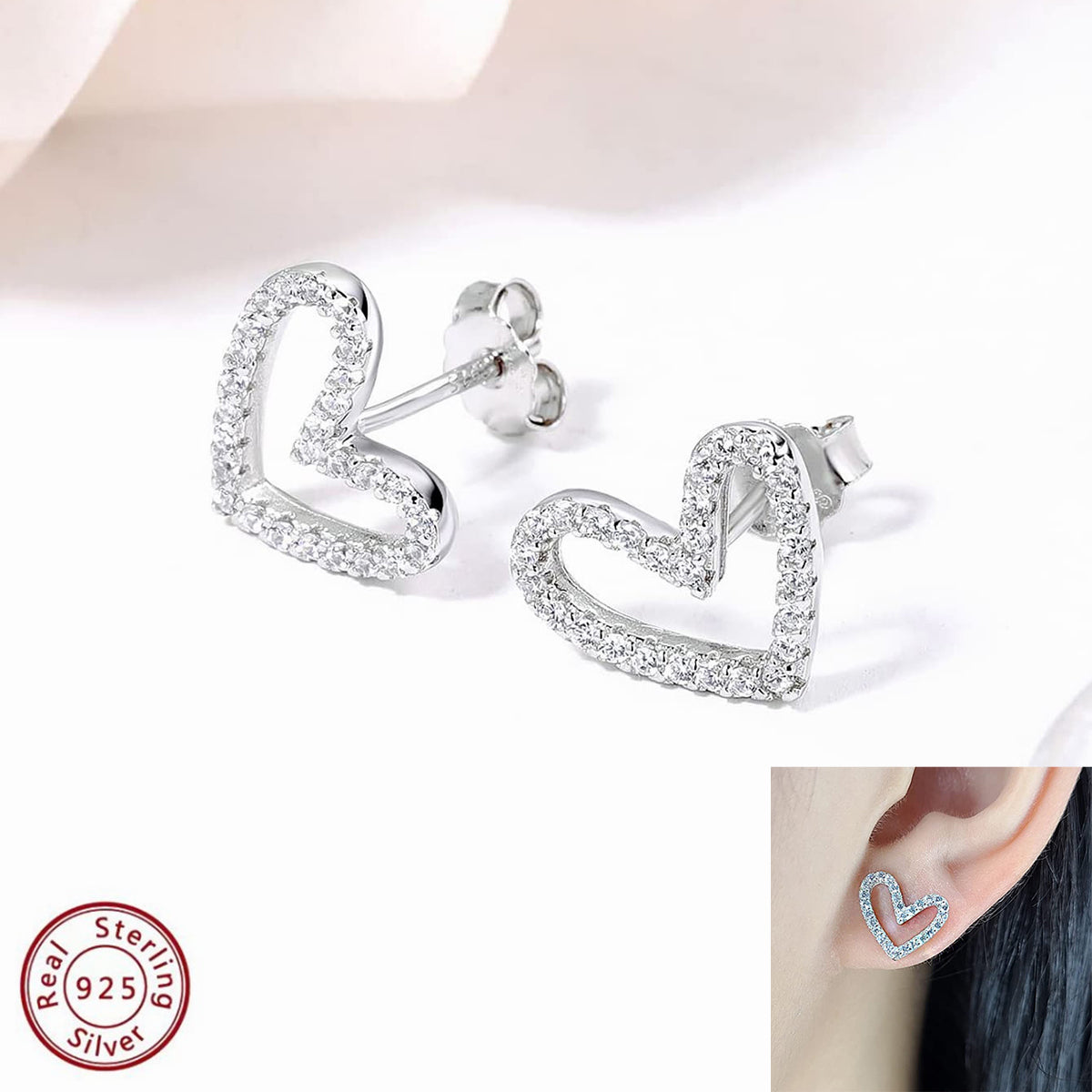 Aretes corazón Plata Ley 925 y micro zirconias